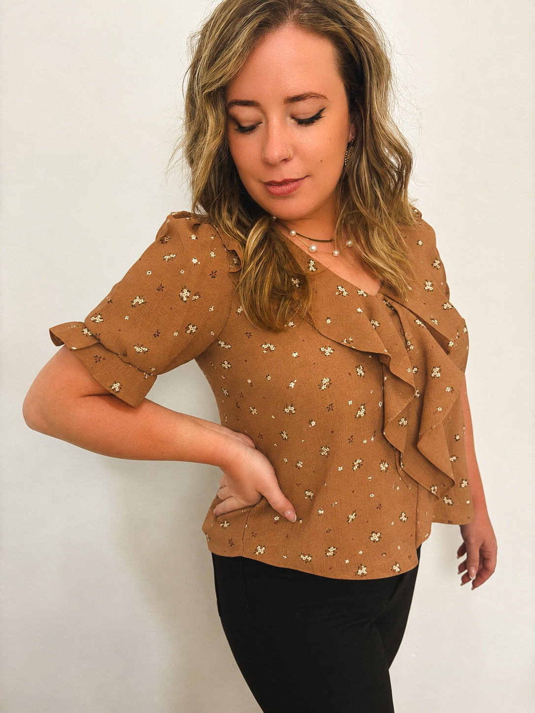 Mocha Ruffle Top Blouse