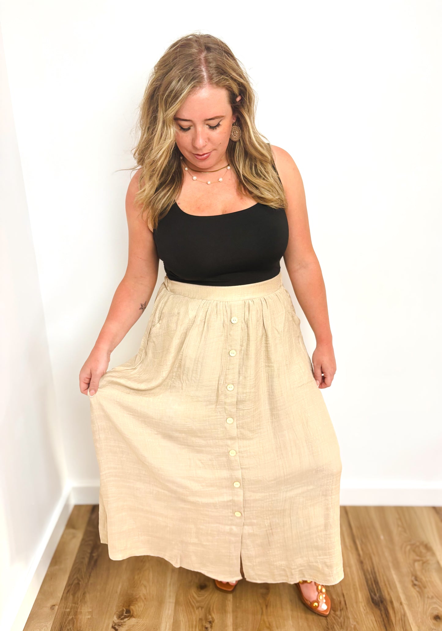 Kaley Khaki Textured Front Button Midi Skirt