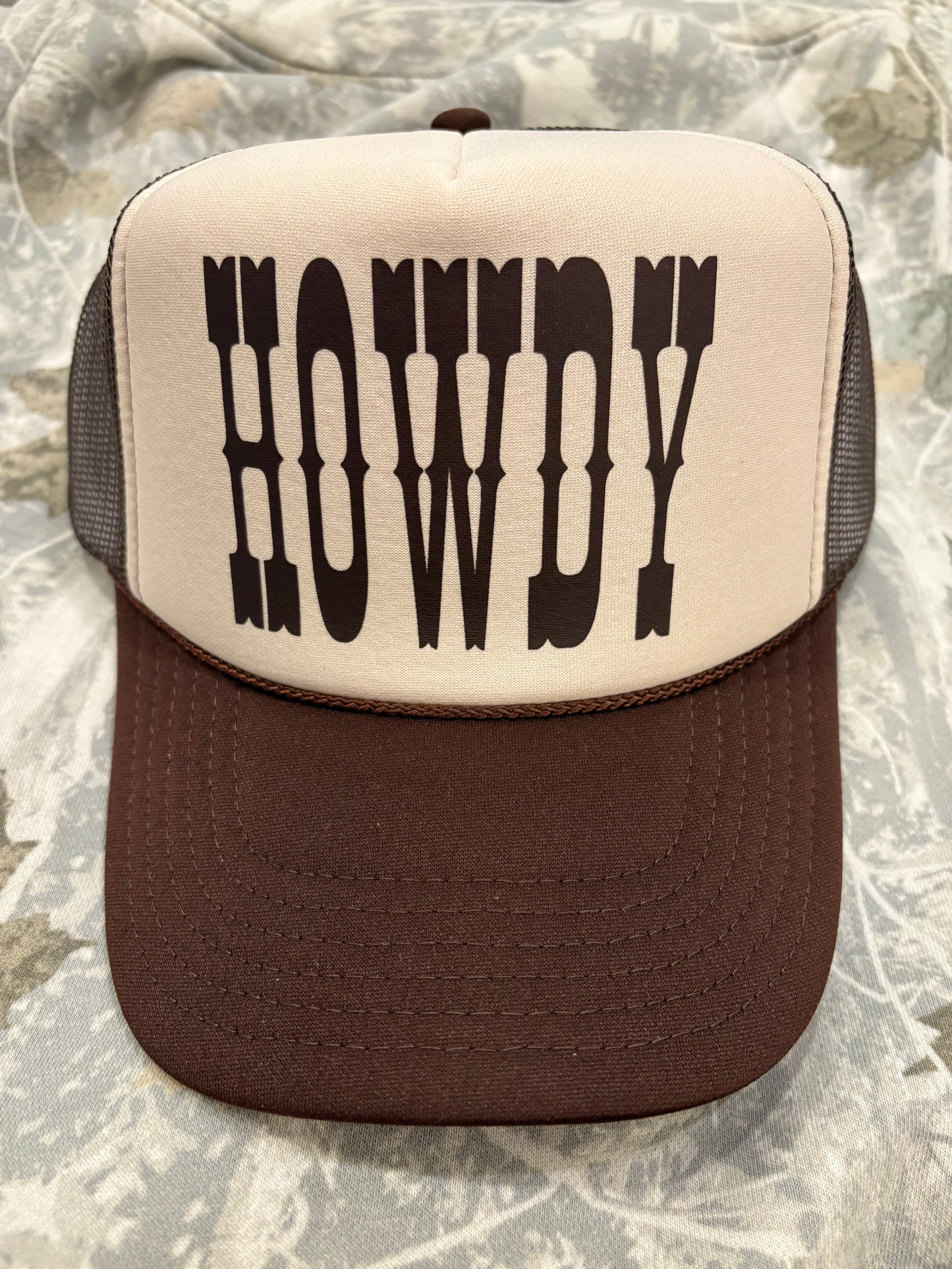 HOWDY Tan and Brown Trucker Hat