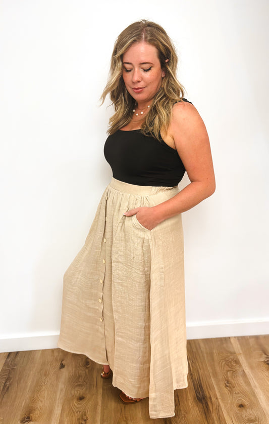 Kaley Khaki Textured Front Button Midi Skirt