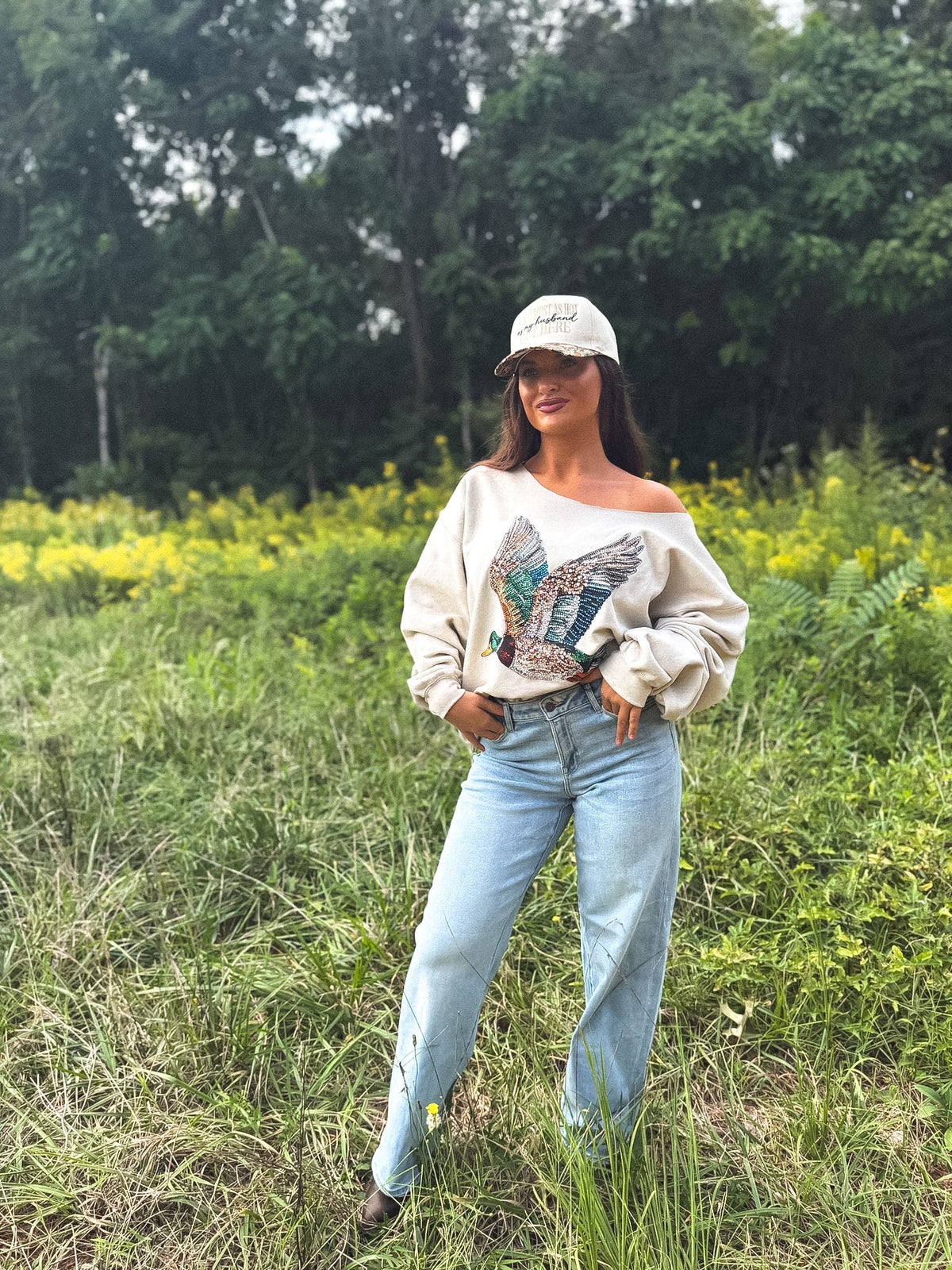 Faux Rhinestone Duck Off Shoulder Crew