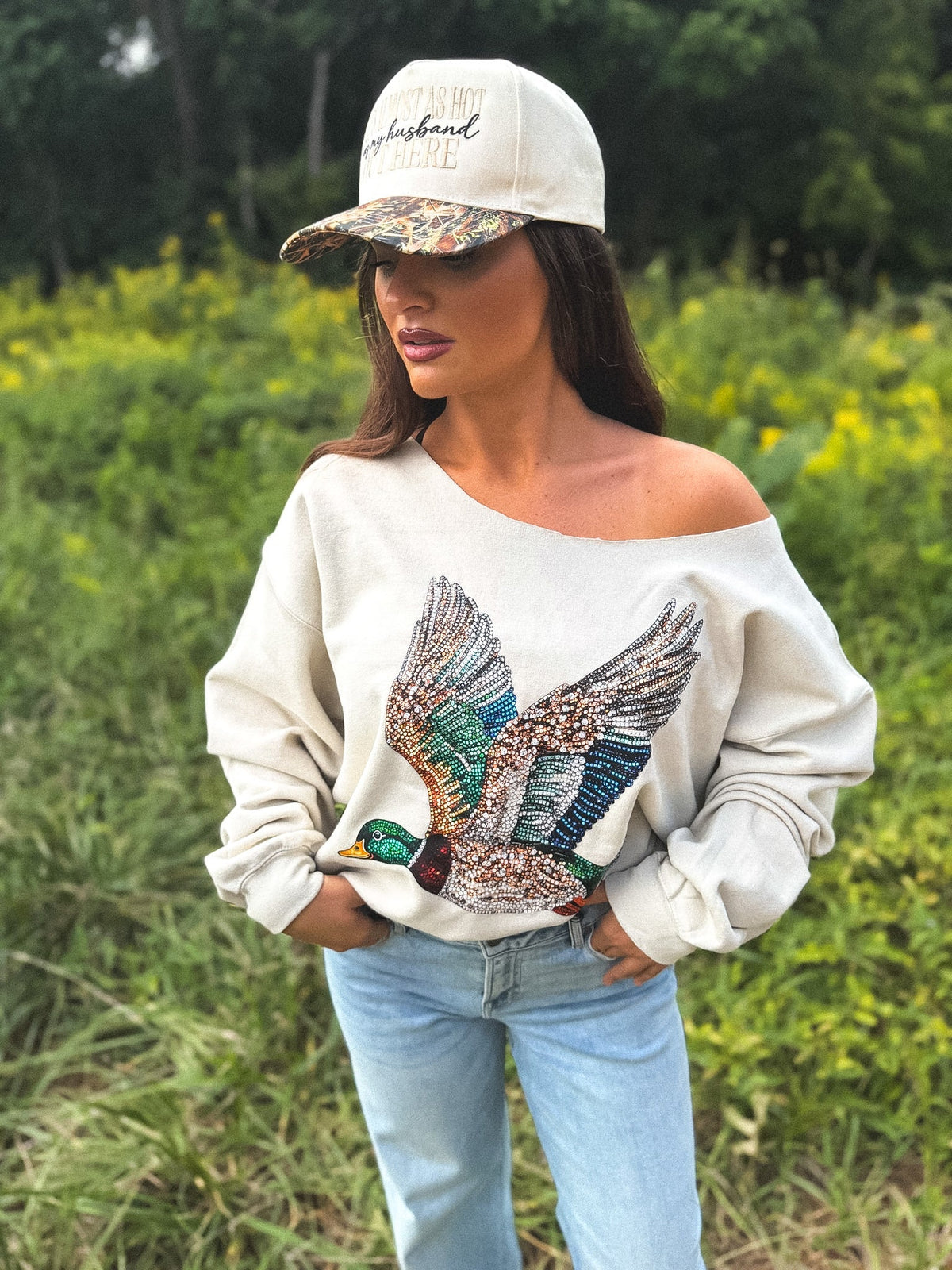 Faux Rhinestone Duck Off Shoulder Crew