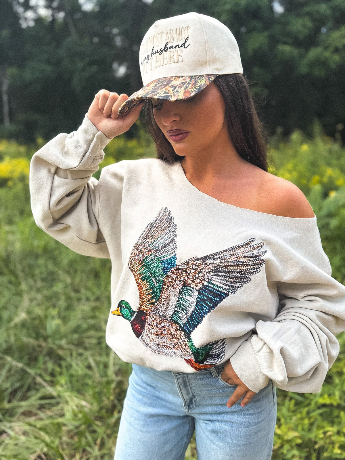 Faux Rhinestone Duck Off Shoulder Crew