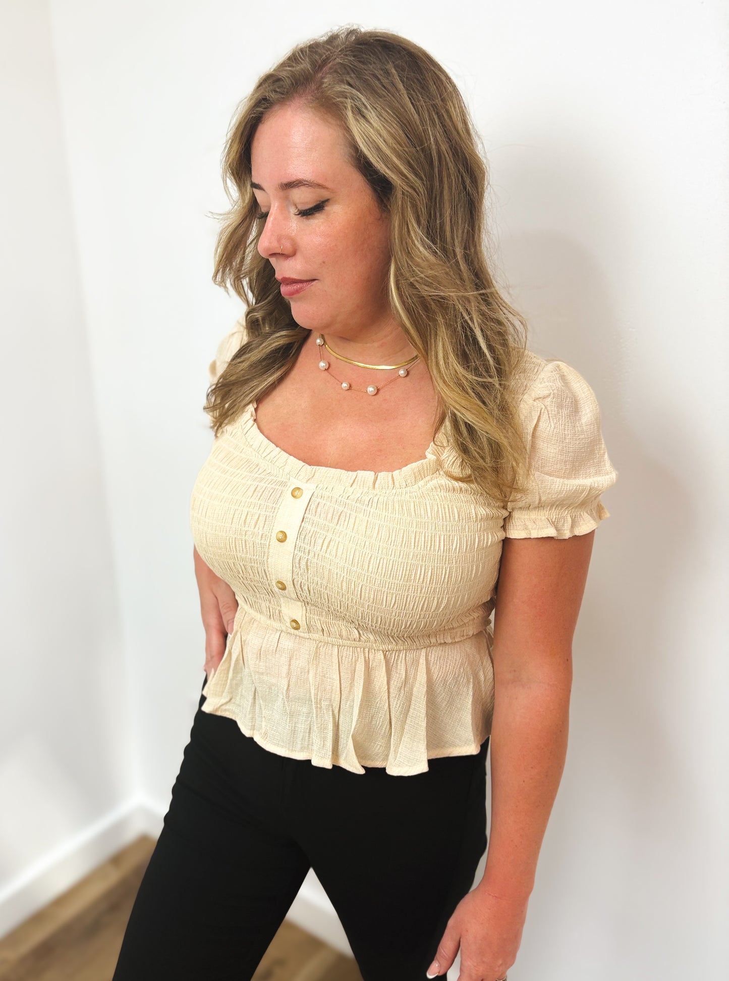 Smocked Cream Half Button Top