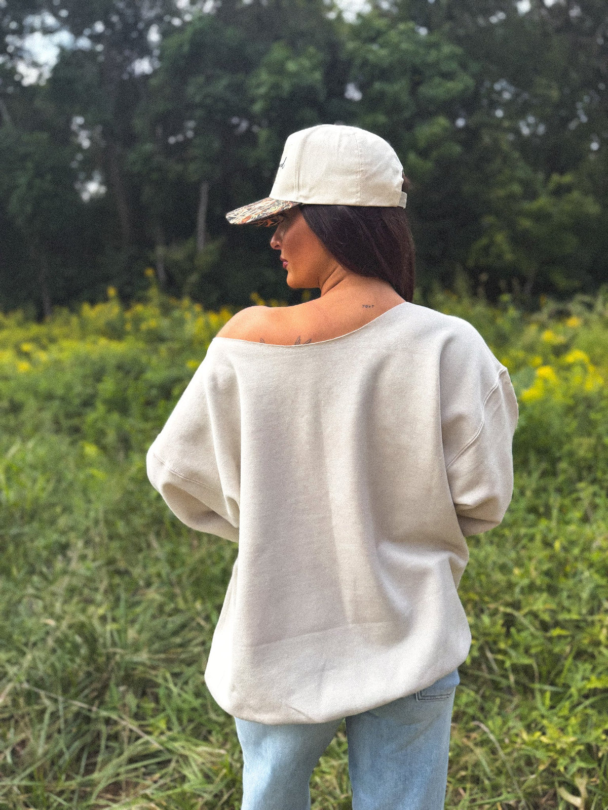 Faux Rhinestone Duck Off Shoulder Crew