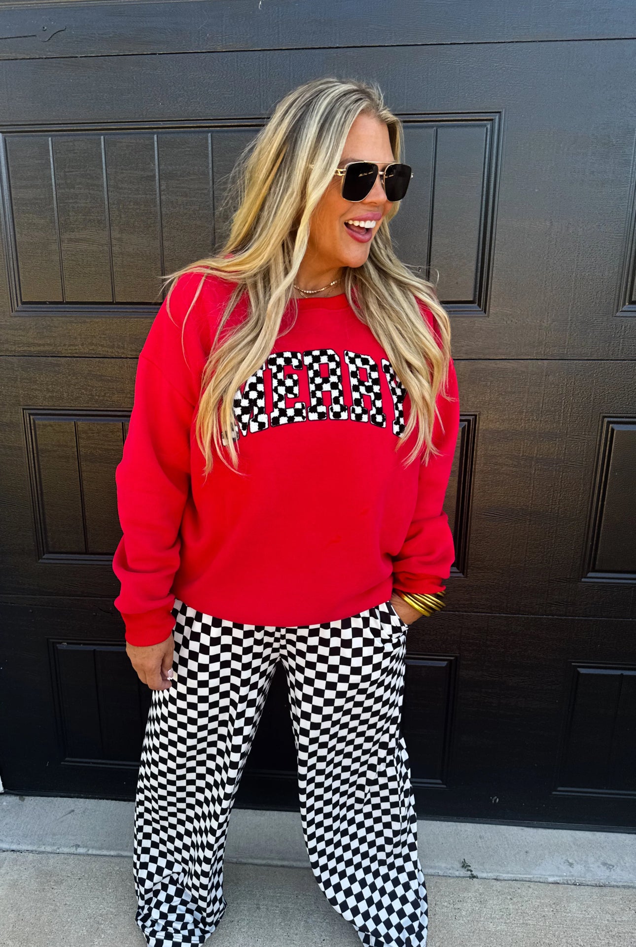 Merry Checkered Letter Sweatshirt