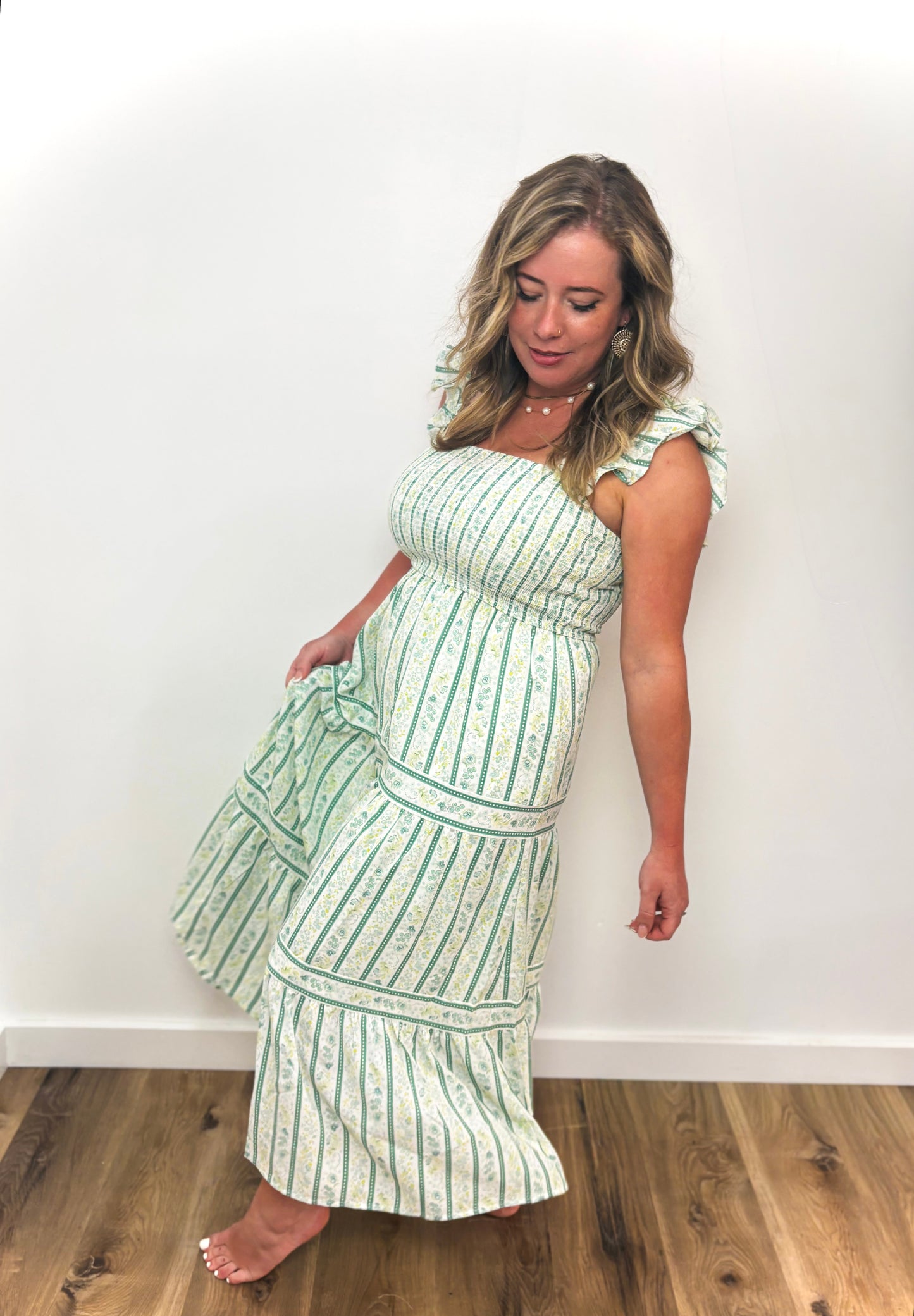 Sage Smocked Tiered MIDI Dress