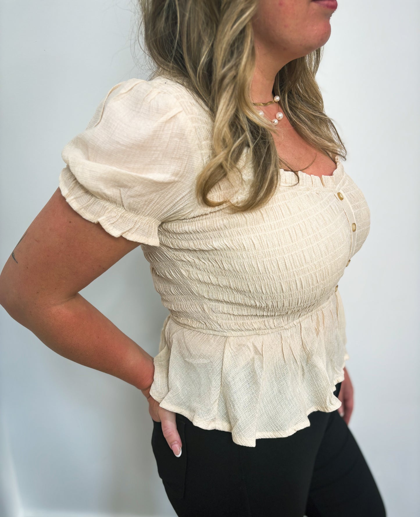 Smocked Cream Half Button Top