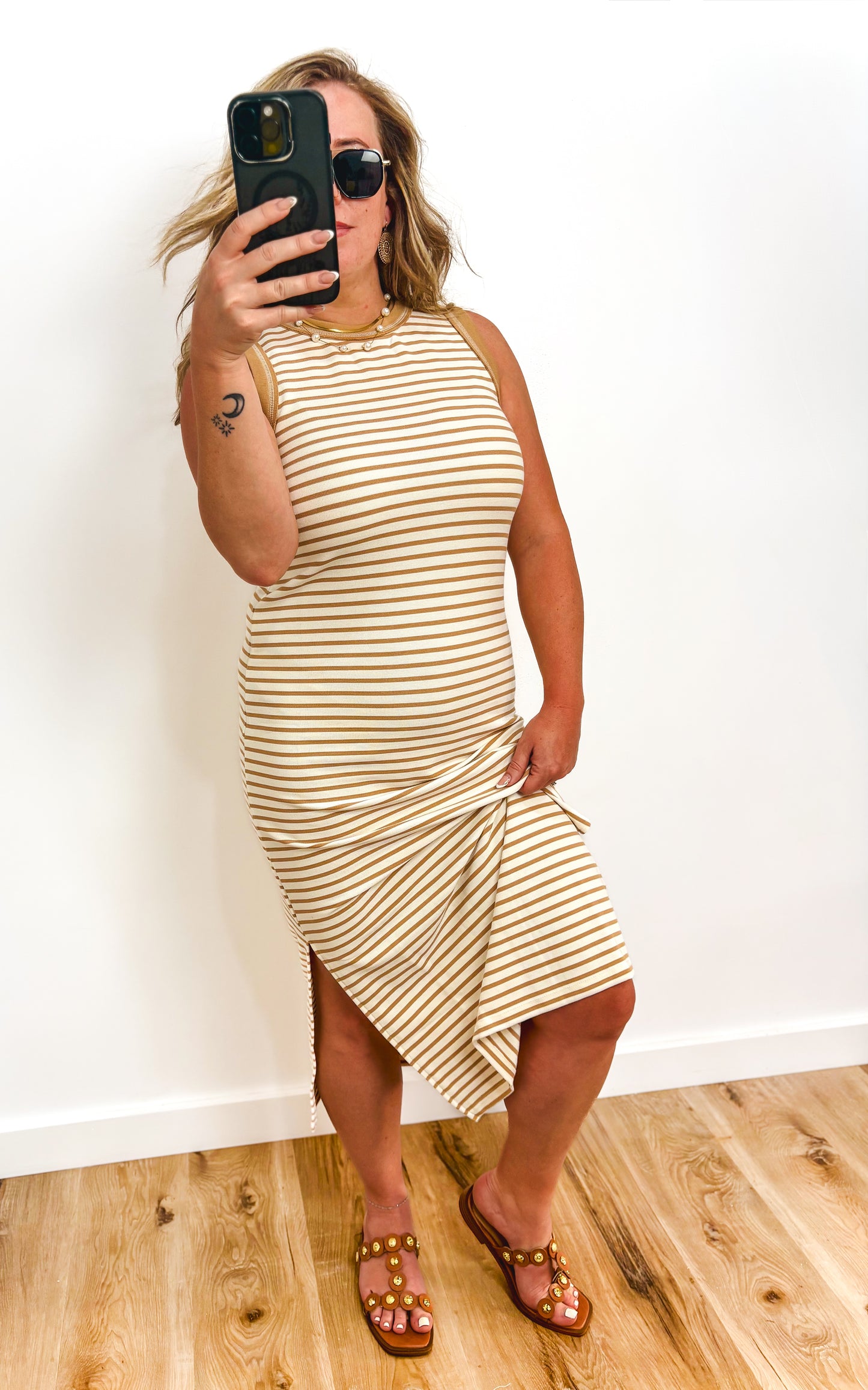 Tan Sleeveless Knit Midi Dress
