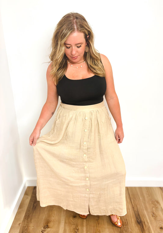 Kaley Khaki Textured Front Button Midi Skirt