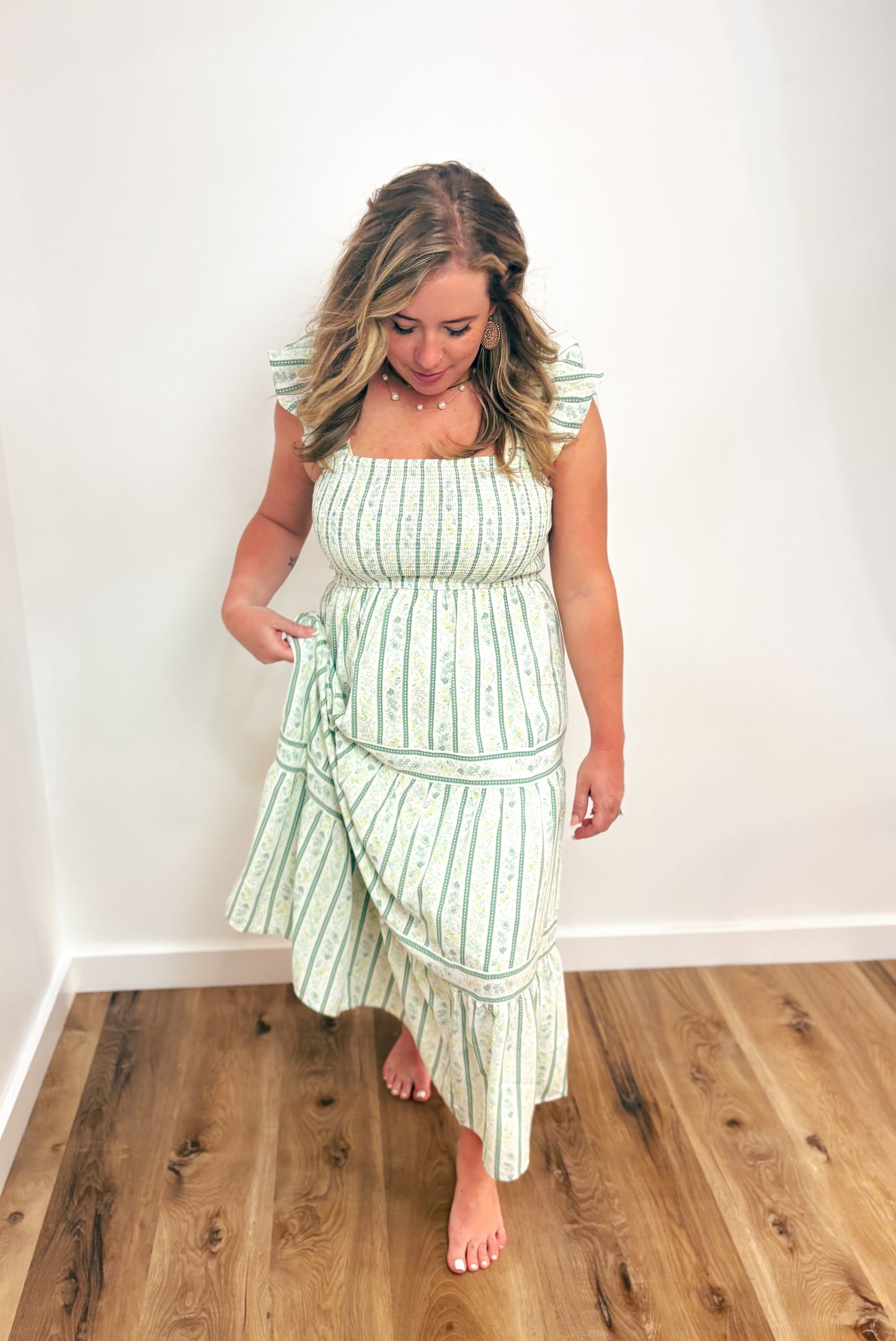 Sage Smocked Tiered MIDI Dress