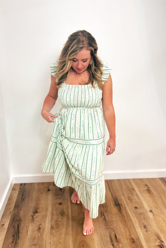 Sage Smocked Tiered MIDI Dress