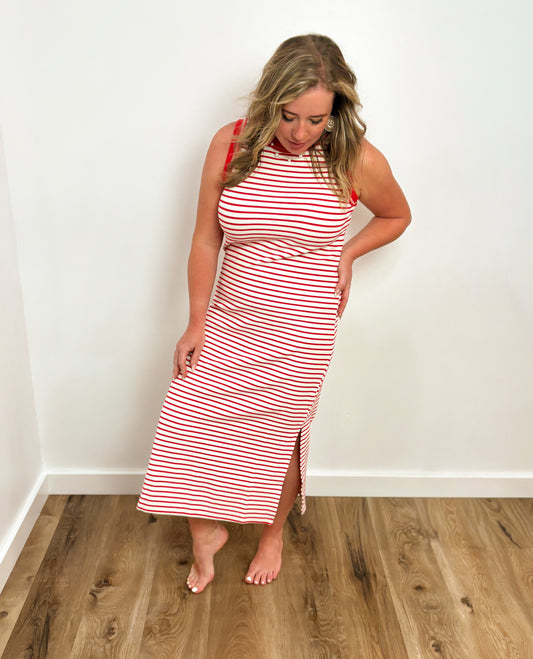 Red Sleeveless Knit Midi Dress