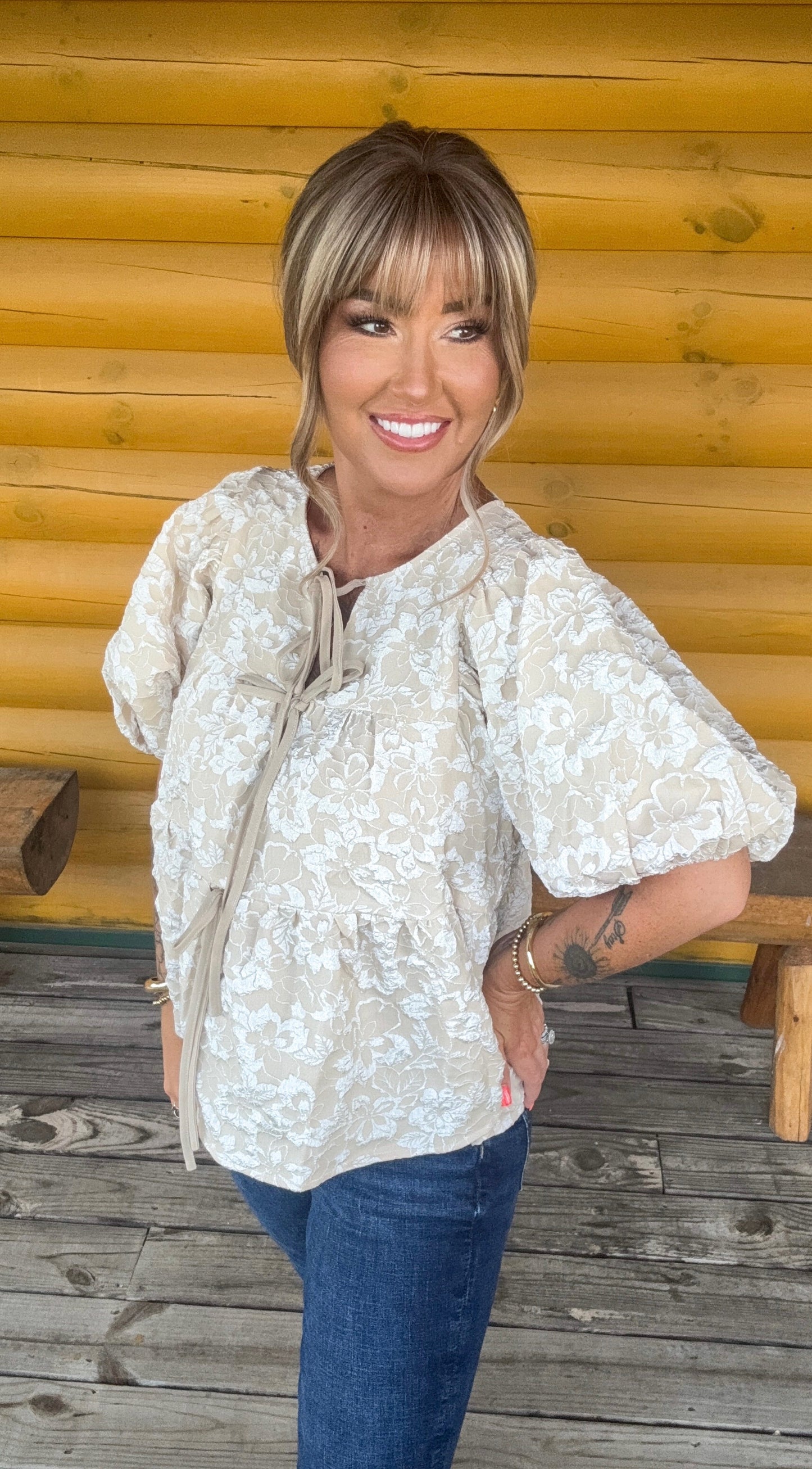 Oatmeal Lin Lace Bow Blouse