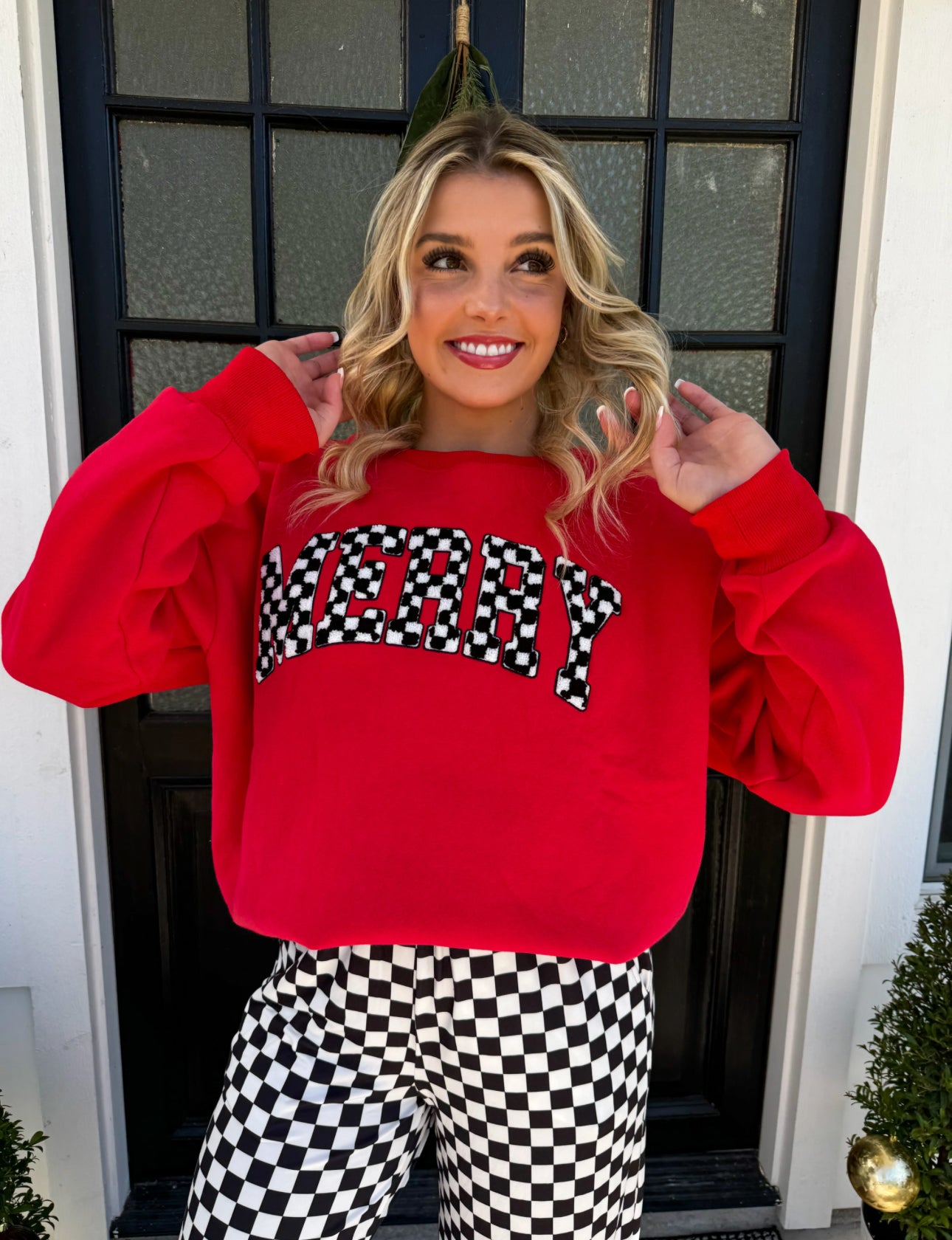 Merry Checkered Letter Sweatshirt