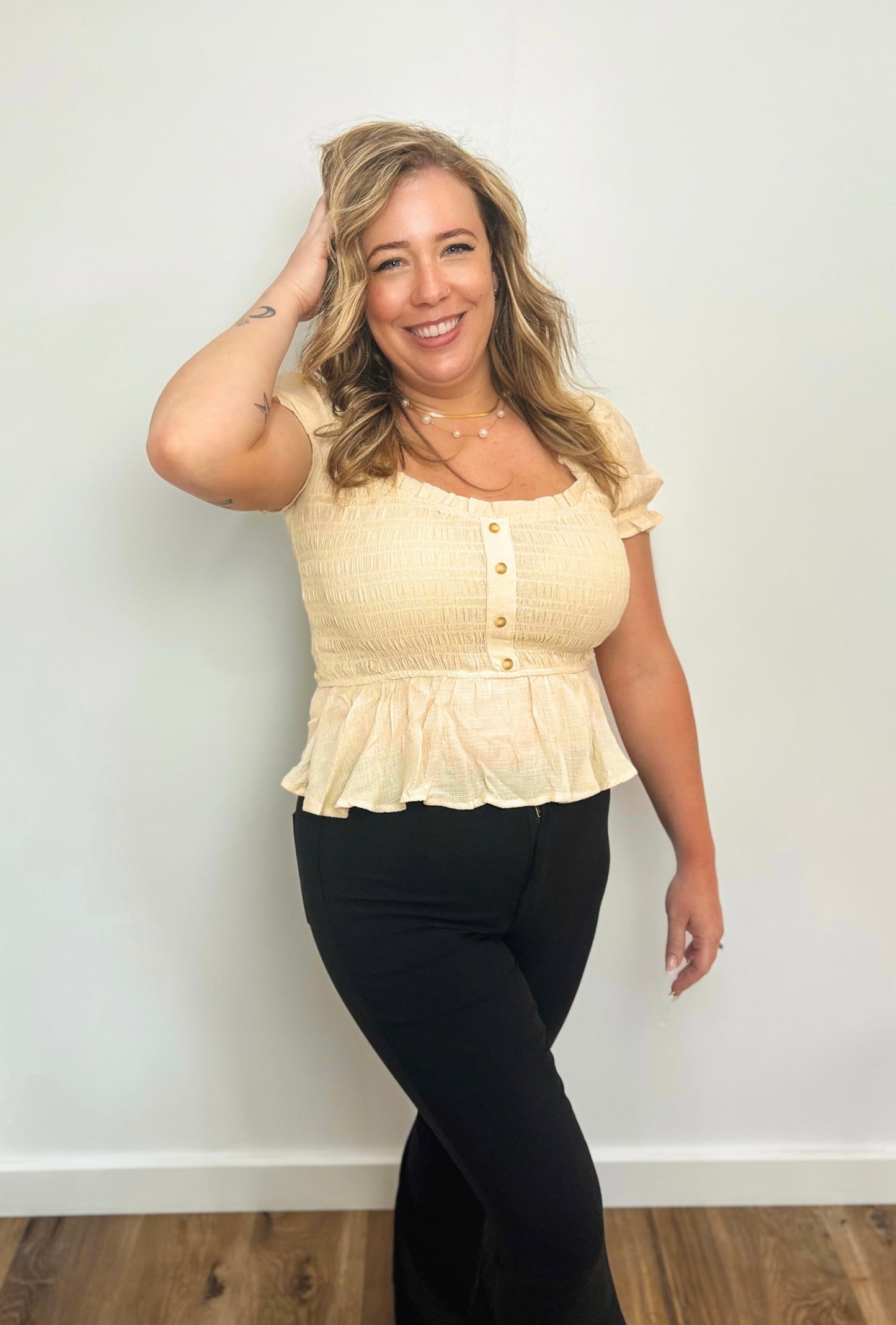 Smocked Cream Half Button Top
