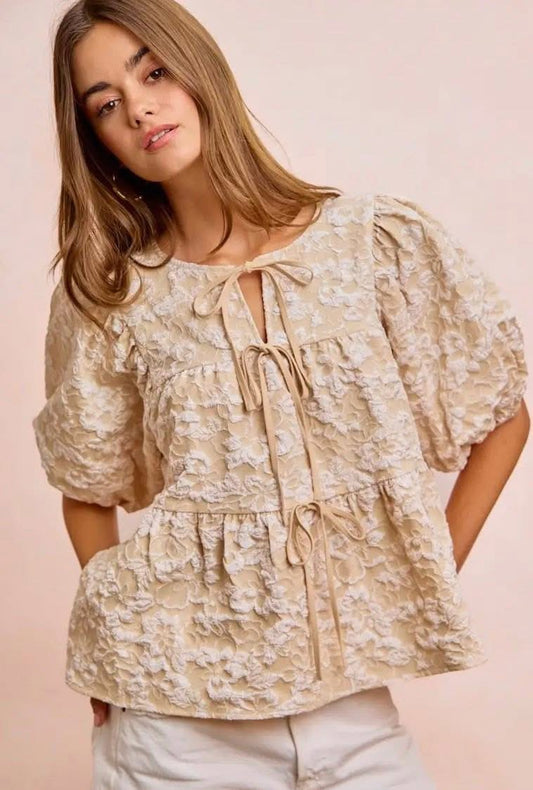 Oatmeal Lin Lace Bow Blouse