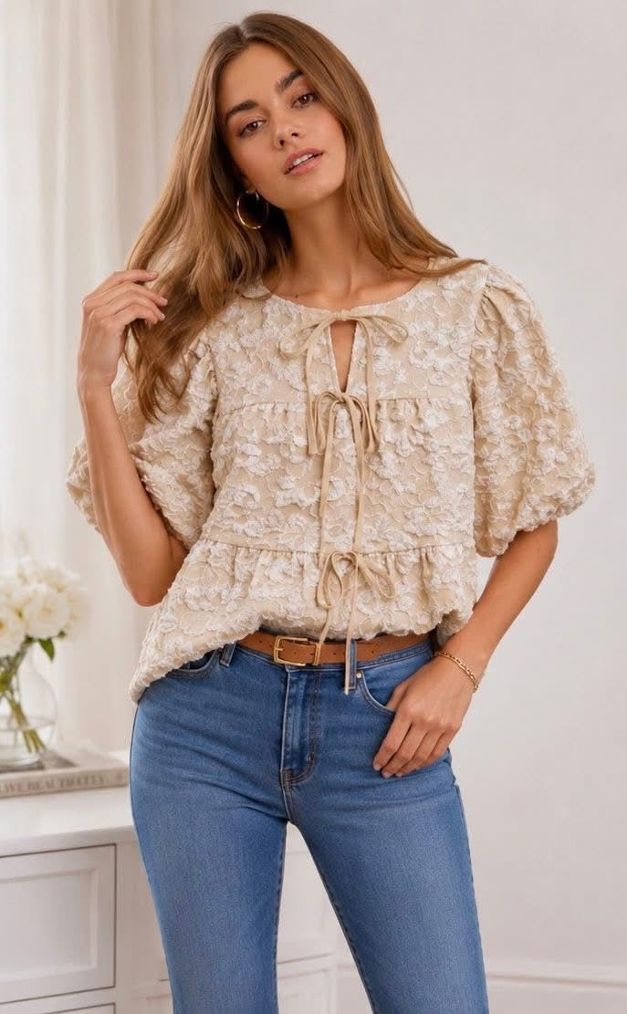 Oatmeal Lin Lace Bow Blouse