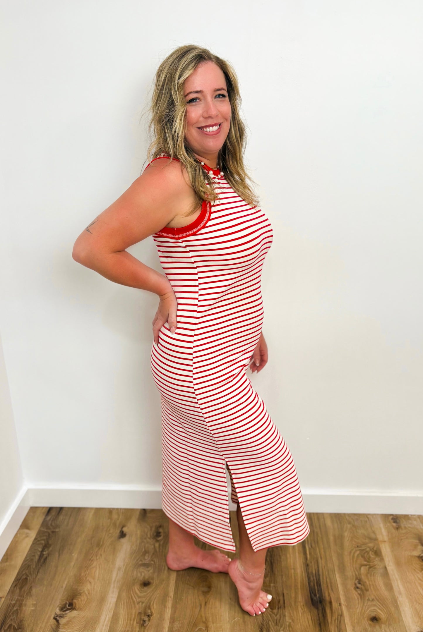 Red Sleeveless Knit Midi Dress