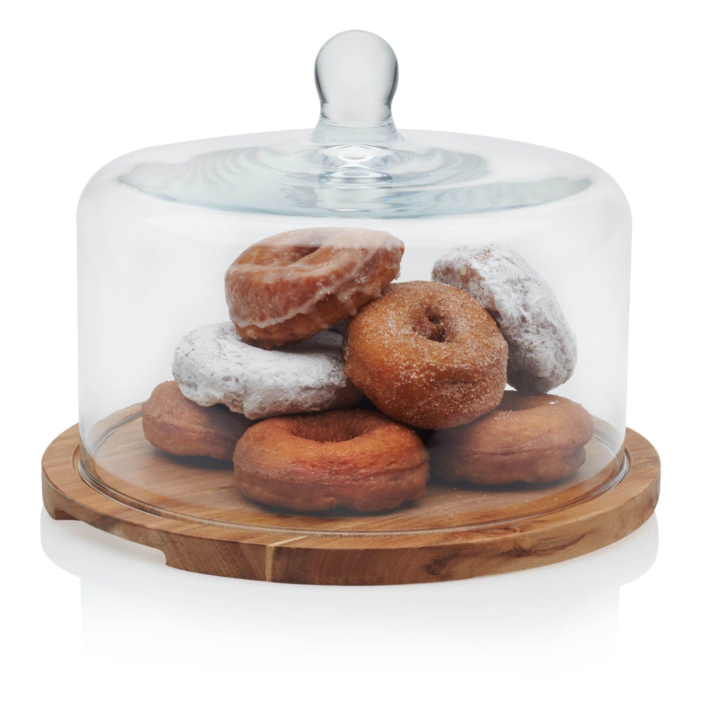 Flat Round Wood Server Cake Stand with Glass Dome