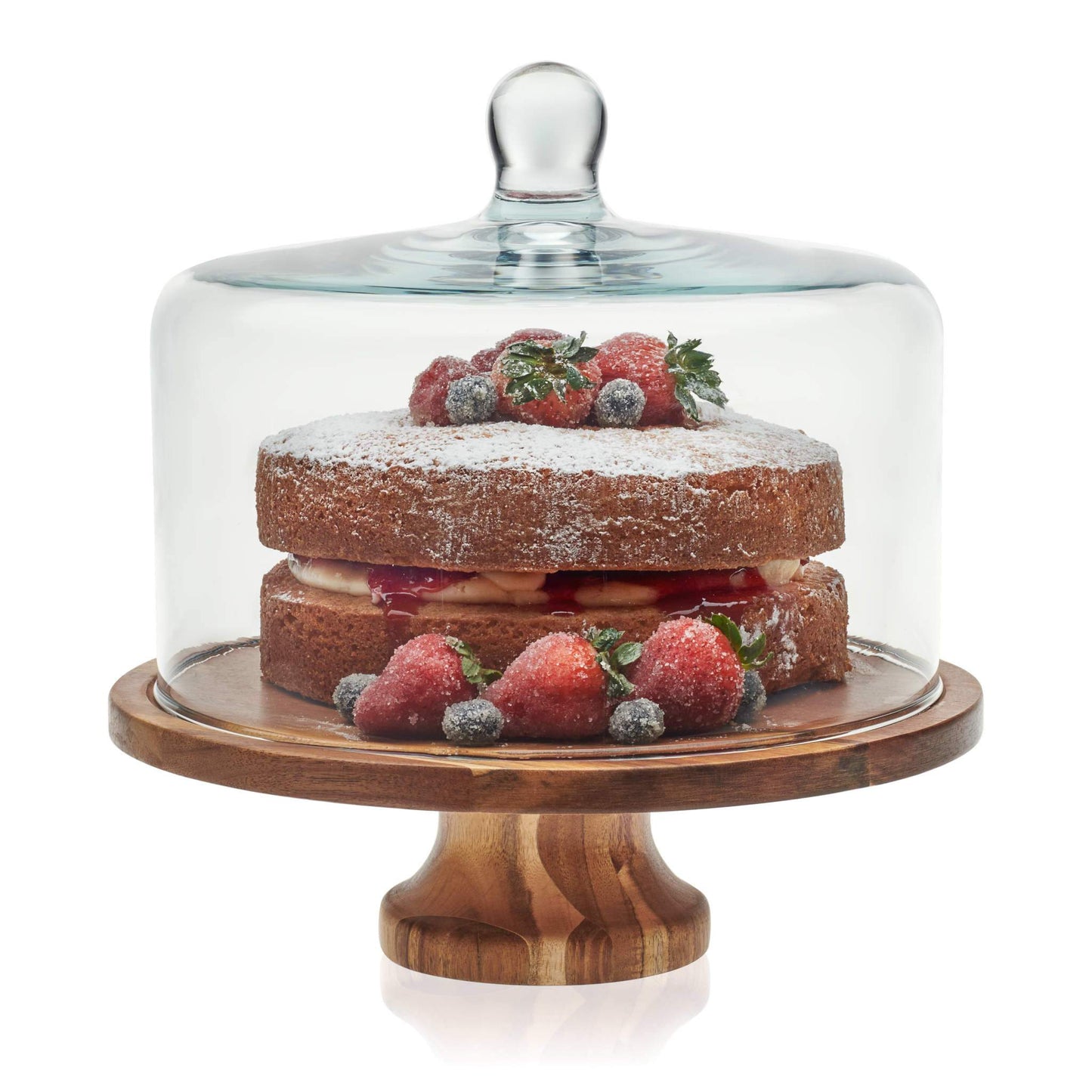 Footed Round Wood Server Cake Stand with Glass Dome