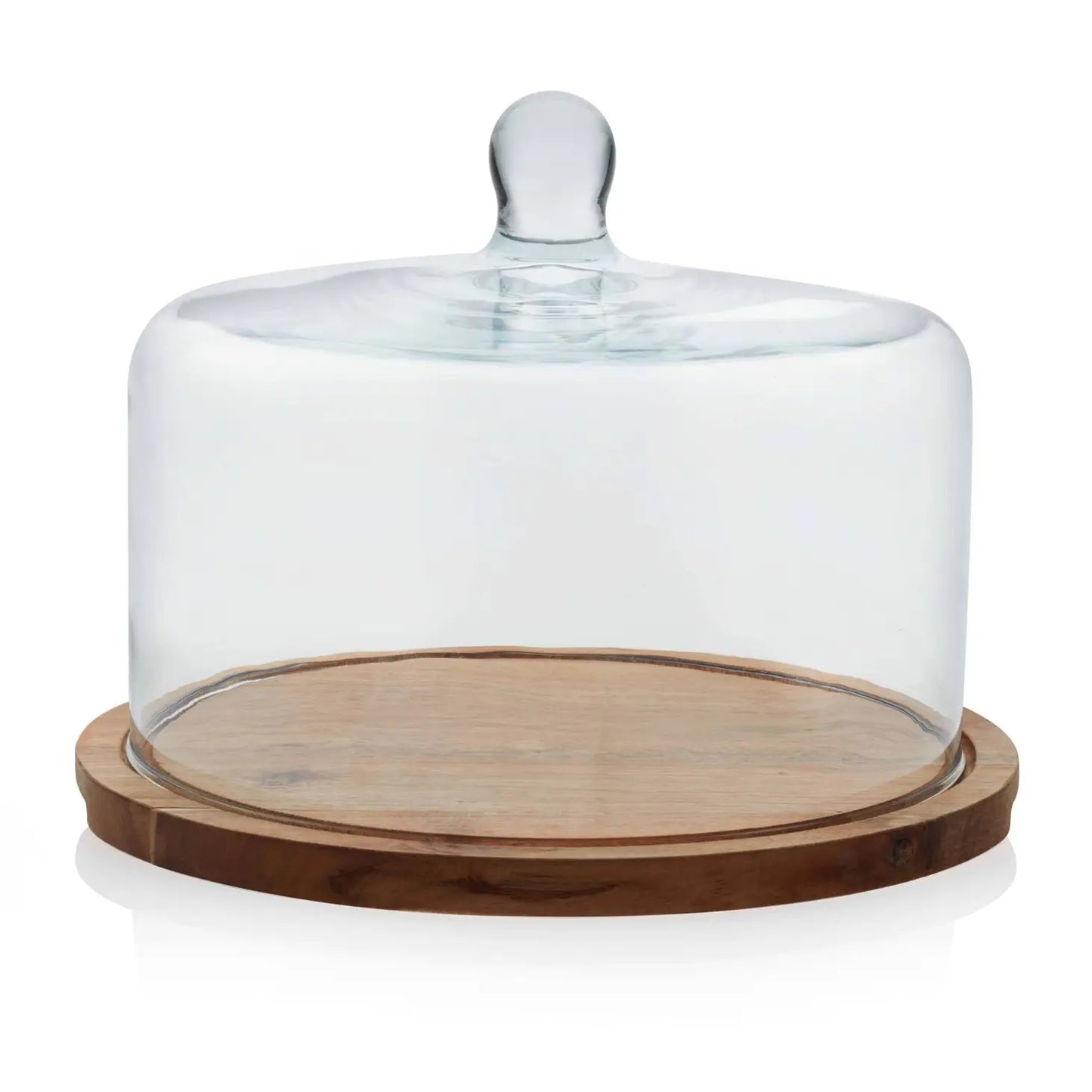 Flat Round Wood Server Cake Stand with Glass Dome