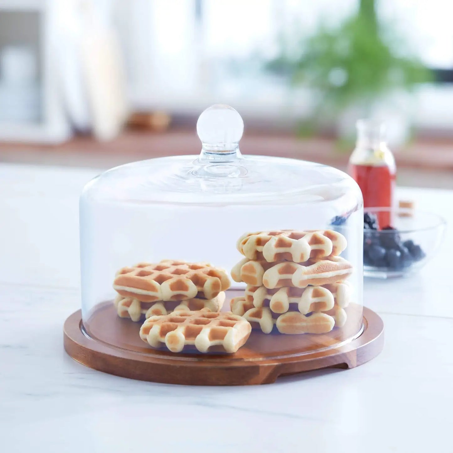 Flat Round Wood Server Cake Stand with Glass Dome